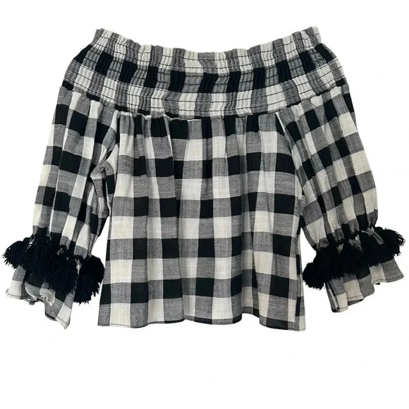 MISA Los Angeles Gingham Tassel Sleeve Off the Shoulder Top Size Small - Picture 3 of 9